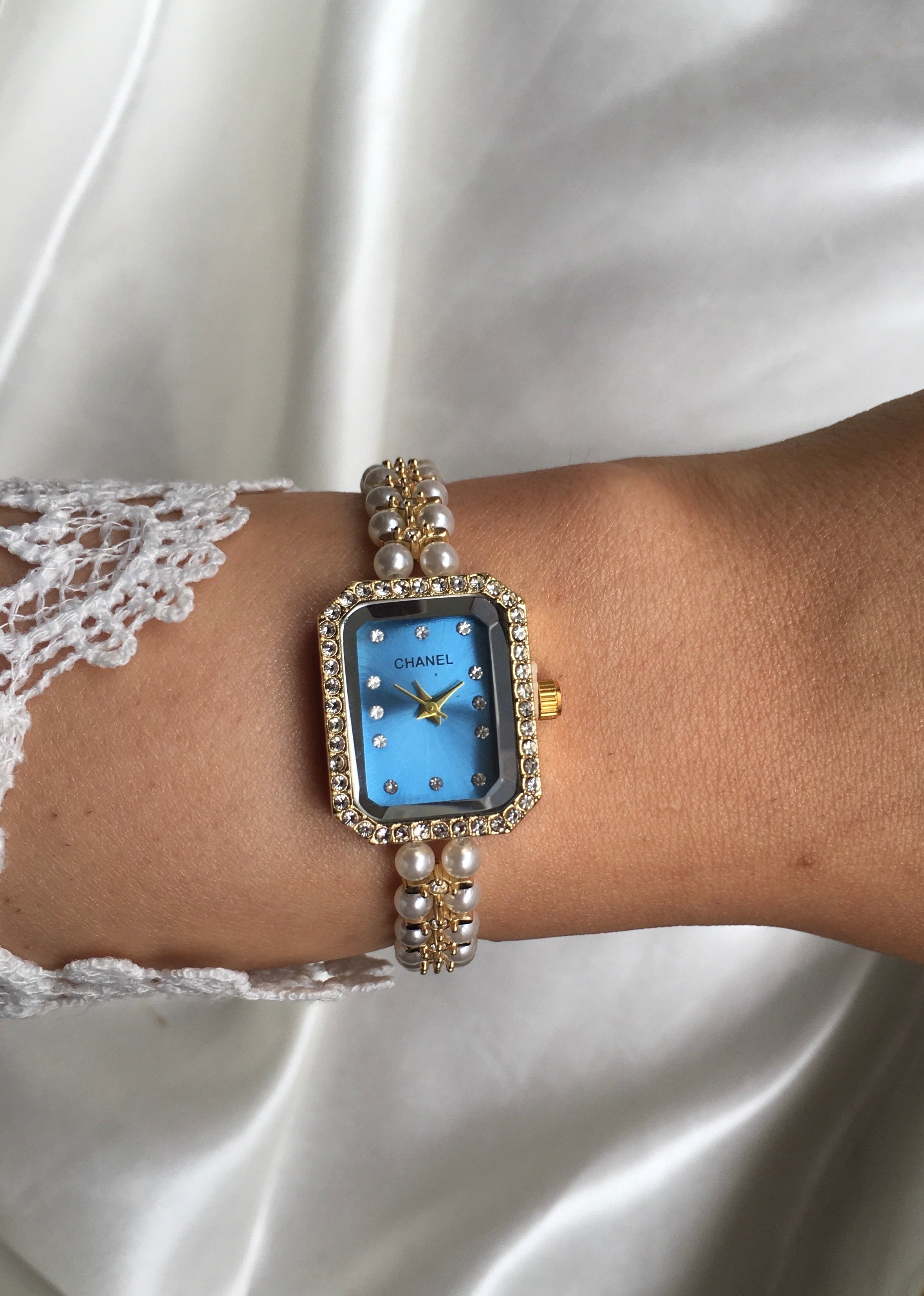 💙 Rachelle Perla Bleue – Montre élégante à Perles et Strass