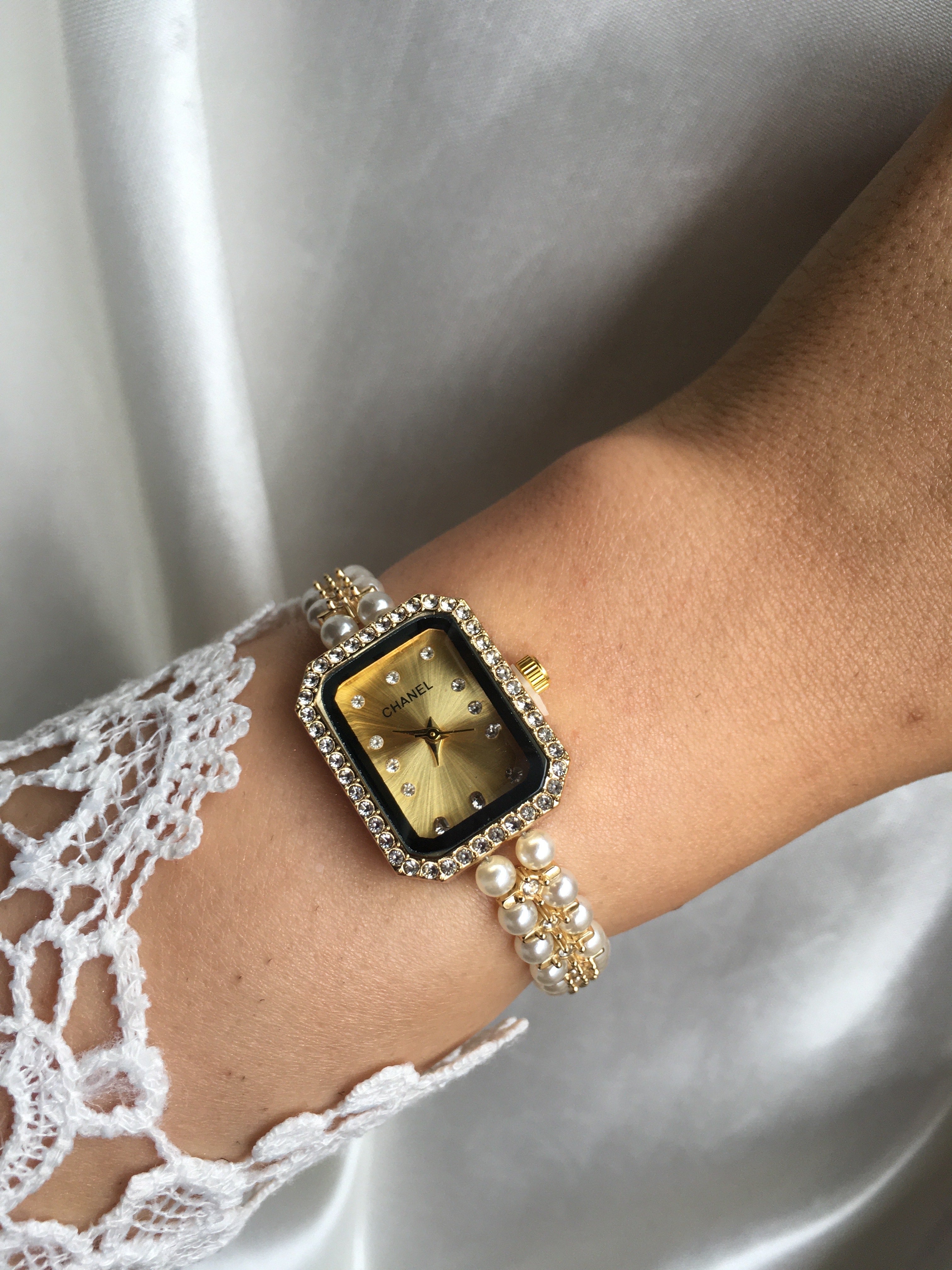 💛 Rachelle Perla Dorée – Montre élégante à Perles et Strass