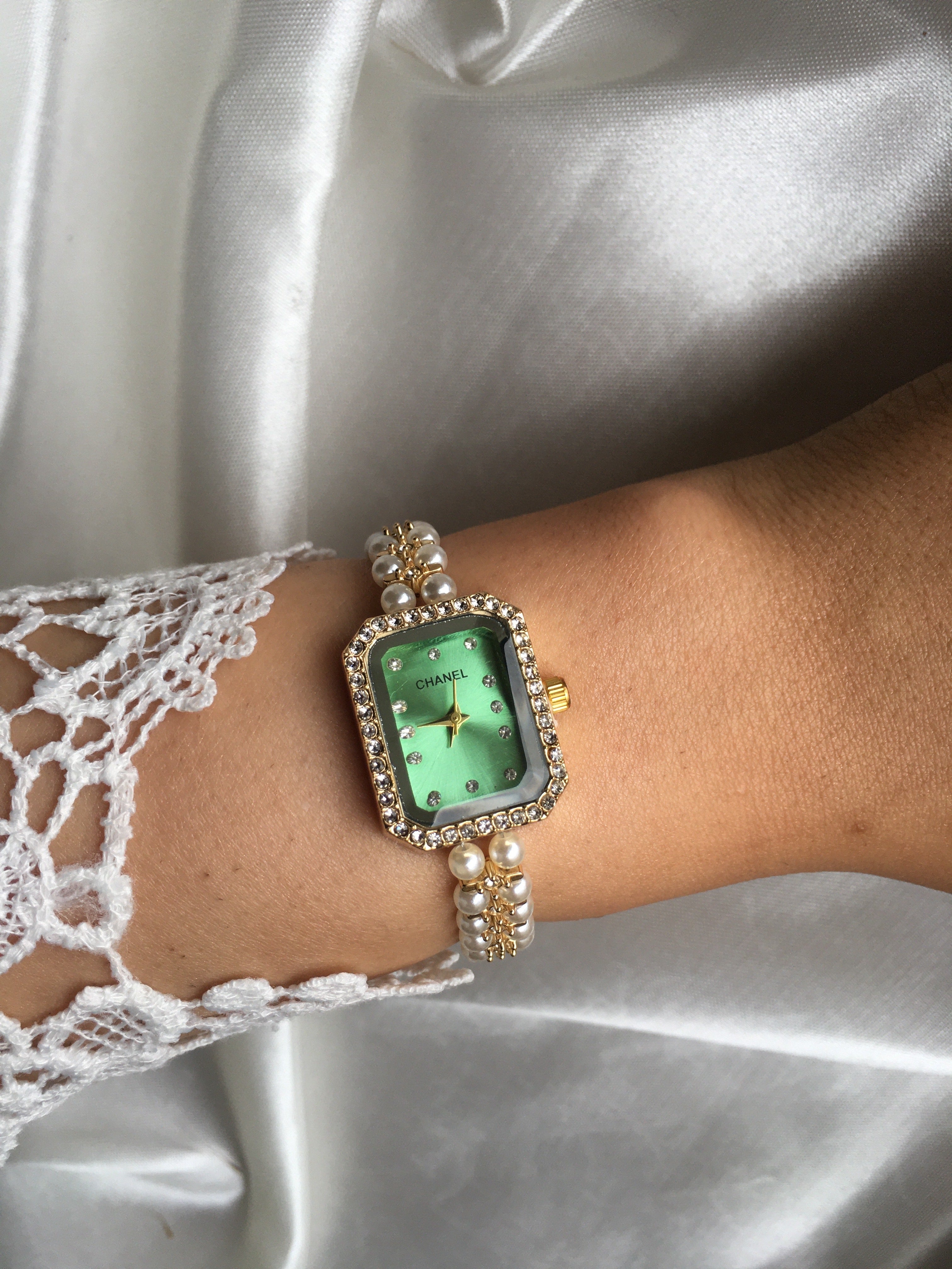 💚 Rachelle Perla Verte – Montre élégante à Perles et Strass